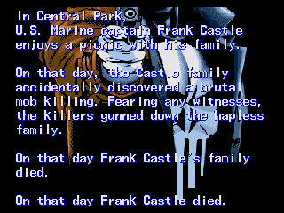 The Punisher (Genesis) screenshot: Background story on Frank Castle, the Punisher. This isn't revenge, it's punishment.