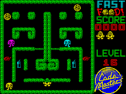 Fast Food (ZX Spectrum) screenshot: You can walk through the thin parts of the hedge