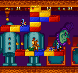Tom and Jerry (SNES) screenshot: This time, Jerry reaches a medium-range platform and, suddenly, he's back-damaged by an enemy tank.