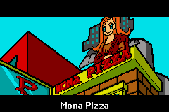 WarioWare: Twisted! (Game Boy Advance) screenshot: And of course, you get a funny story to go along with it. Here is Mona's workplace, Mona Pizza.