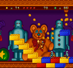 Tom and Jerry (SNES) screenshot: Before to collect lots of Cheese Bits, Jerry must defeat two rolling robots: it will be more safe...