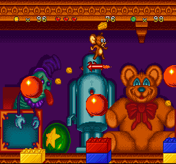 Tom and Jerry (SNES) screenshot: Suddenly, a rocket hit-damages Jerry! But a Cheese Chunk is the best solution to fix this fault...