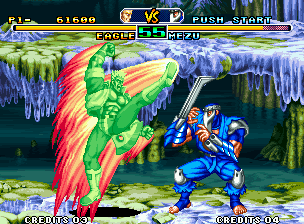 Savage Reign (Neo Geo) screenshot: Mezu feels the imminent danger coming from Eagle's move Flash Wing: it's time to a defensive pose...