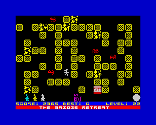 Mutant Monty (ZX Spectrum) screenshot: Level 22: <i>The Mazogs Retreat</i>.<br> <i>Push Off</i> 100%.