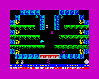 Mutant Monty (ZX Spectrum) screenshot: Level 24: <i>Something Completely Different</i>.<br> I foqueling knew it! Allusions to <i>Python's</i> everywhere (Bravo you genius...)