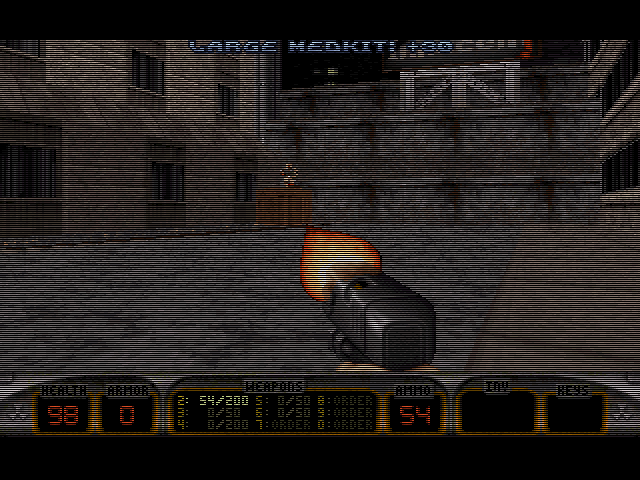 Duke Nukem 3D: Atomic Edition (Macintosh) screenshot: The Mac port can draw scanlines on Medium and Low detail settings.