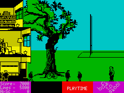 Back to Skool (ZX Spectrum) screenshot: Tree in schoolyard. Beside him is parked bicycle.