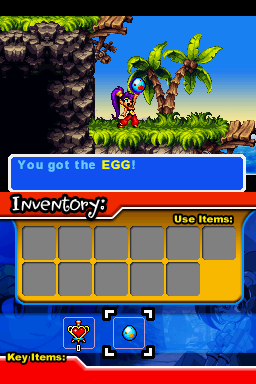 Shantae: Risky's Revenge (Nintendo DSi) screenshot: Then he reminds her she needs to return the egg she was egg-sitting to Sky.