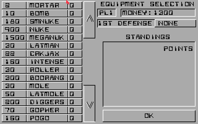 Artillerus 2 (Amiga) screenshot: equipment selection (a)