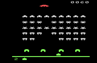 Space Instigators (Atari 2600) screenshot: The shields, nine rows of invaders and mothership