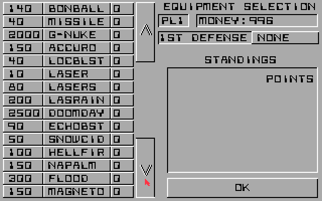 Artillerus 2 (Amiga) screenshot: equipment selection (b)