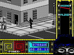 Ninja Remix (ZX Spectrum) screenshot: Level 2, "The Street": Searching for the <i>Katana</i>.
