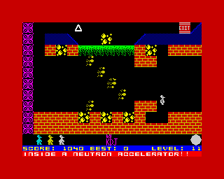 Mutant Monty (ZX Spectrum) screenshot: Level 11: <i>Inside a Neutron Accelerator!</i>.<br> We could have such hapiness with such little things back then.