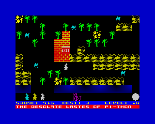 Mutant Monty (ZX Spectrum) screenshot: Level 10: <i>The Desolate Wastes of Pi-Thon</i>.<br> Definitely <i>Age of Empires</i> (it's <i>Python's</i> again you twit).
