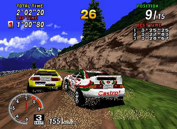 SEGA Rally Championship (SEGA Saturn) screenshot: Close encounters of the flat-shaded kind.
