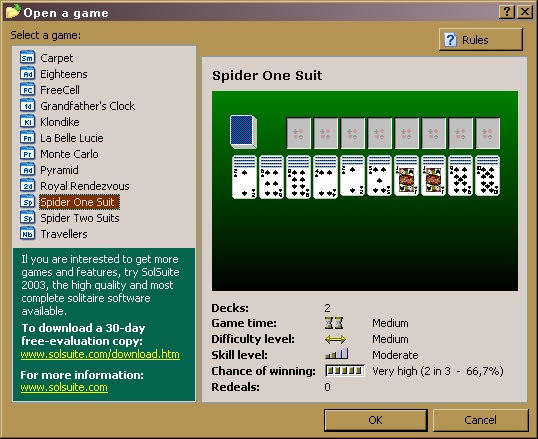 123 Free Solitaire (Windows) screenshot: Solitaire selection (v5.12b)