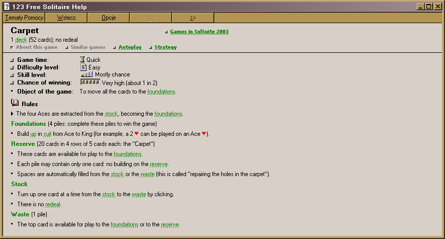 123 Free Solitaire (Windows) screenshot: Description of one of the games in the help file