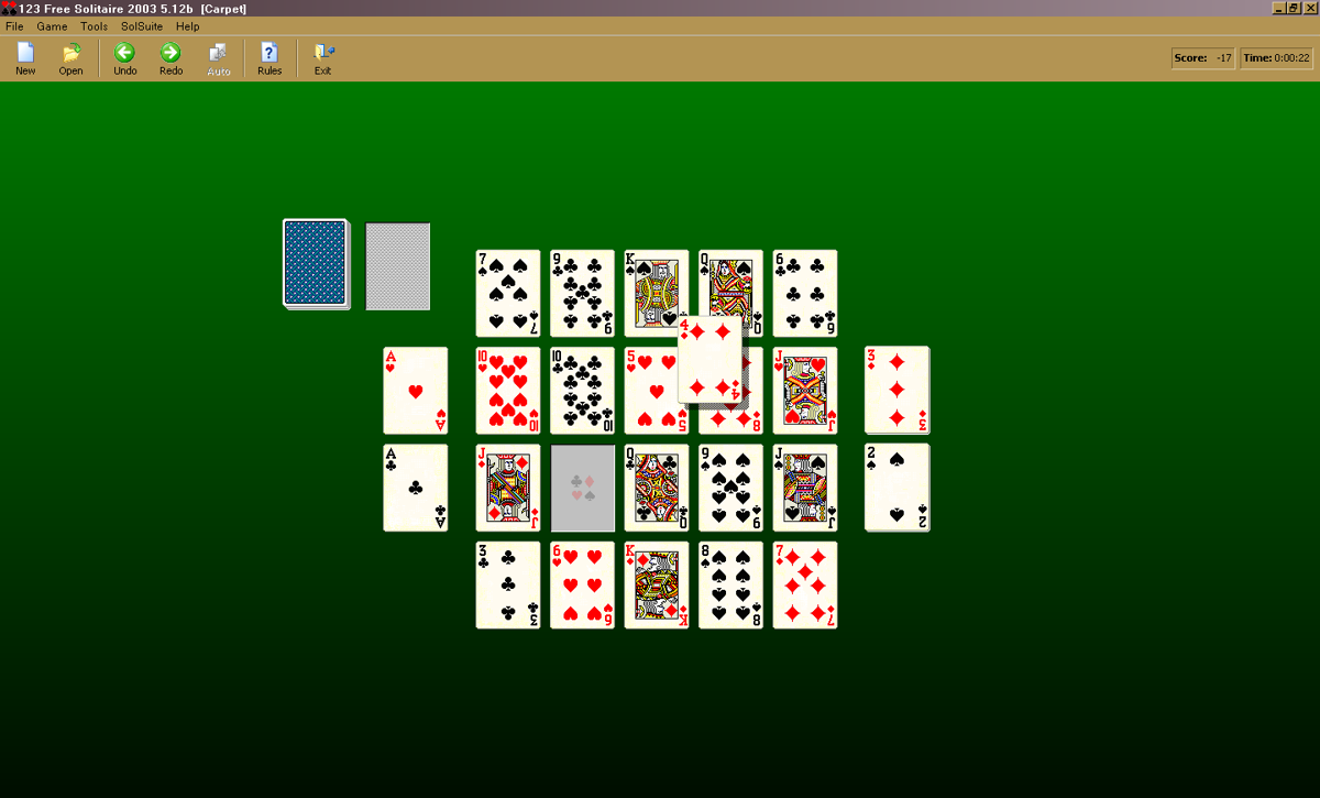 123 Free Solitaire (Windows) screenshot: A game in progress: Carpet