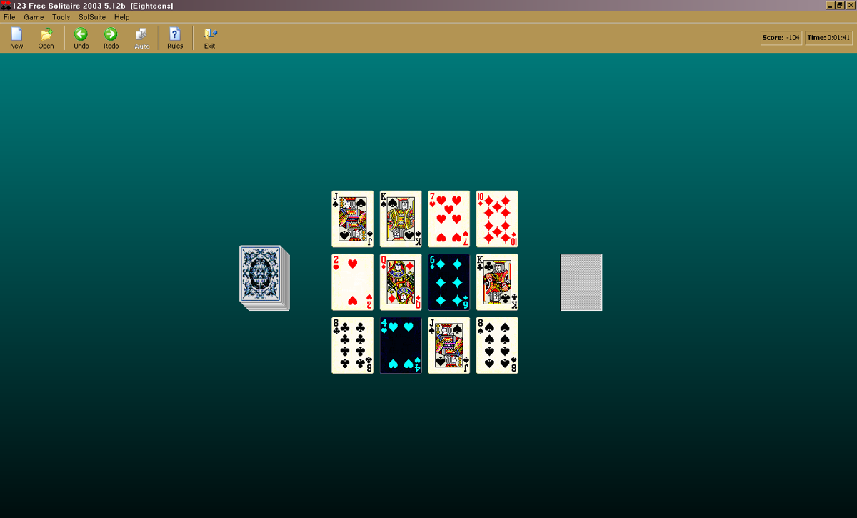 123 Free Solitaire (Windows) screenshot: A game of "Eighteens" in progress