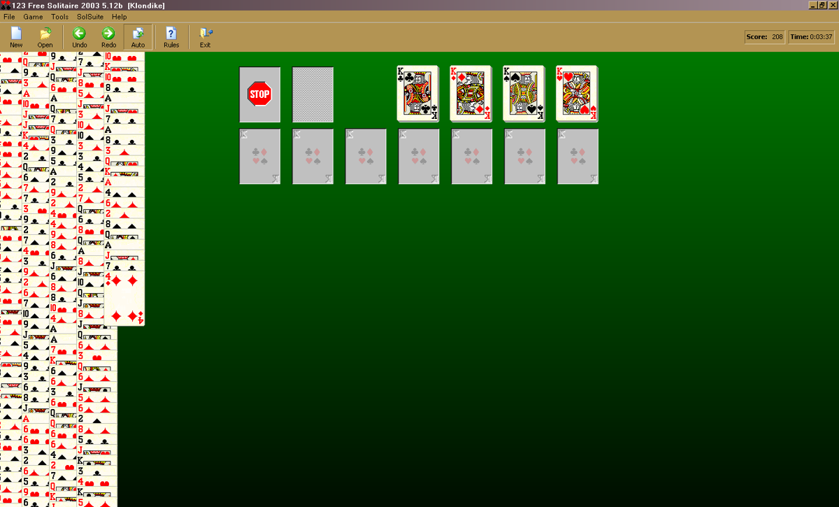 123 Free Solitaire (Windows) screenshot: Another type of a victory animation; the screen is filled column by column.