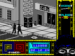 Ninja Remix (ZX Spectrum) screenshot: Level 2, "The Street": Eat's.<br> - Giivez thizz old chapz aye booze...<br> - Don't distract me boy, I'm on a secret mission.
