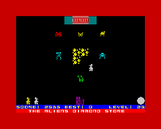 Mutant Monty (ZX Spectrum) screenshot: Level 23: <i>The Aliens Diamond Store</i>.<br> This game was obviously inspired at the same time obscured by <i>Manic Miner</i>. It's a good game nevertheless.