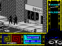 Ninja Remix (ZX Spectrum) screenshot: Level 2, "The Street": Drugstore.<br> - Gimme dat!