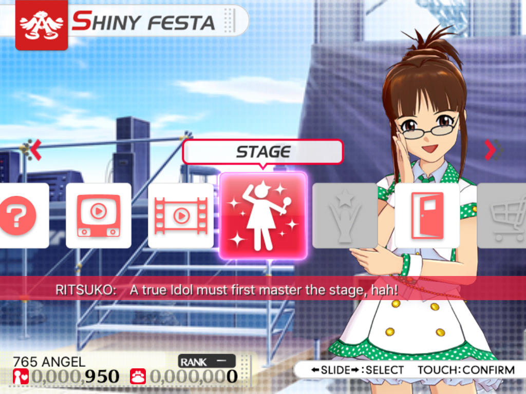 The iDOLM@STER: Shiny Festa - Harmonic Score (iPad) screenshot: The main menu.