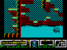 DJ Puff (ZX Spectrum) screenshot: The water is deadly and will instantly kill Puff if he falls in