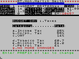 Great Britain Limited (ZX Spectrum) screenshot: As the SDP now - trying to please the common man with these rates