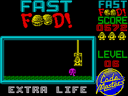 Fast Food (ZX Spectrum) screenshot: The second animation sees Dizzy escape in a lift