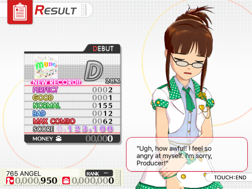 The iDOLM@STER: Shiny Festa - Harmonic Score (iPad) screenshot: Hey, I already told you that you can't get a good score while taking screenshots at the same time.