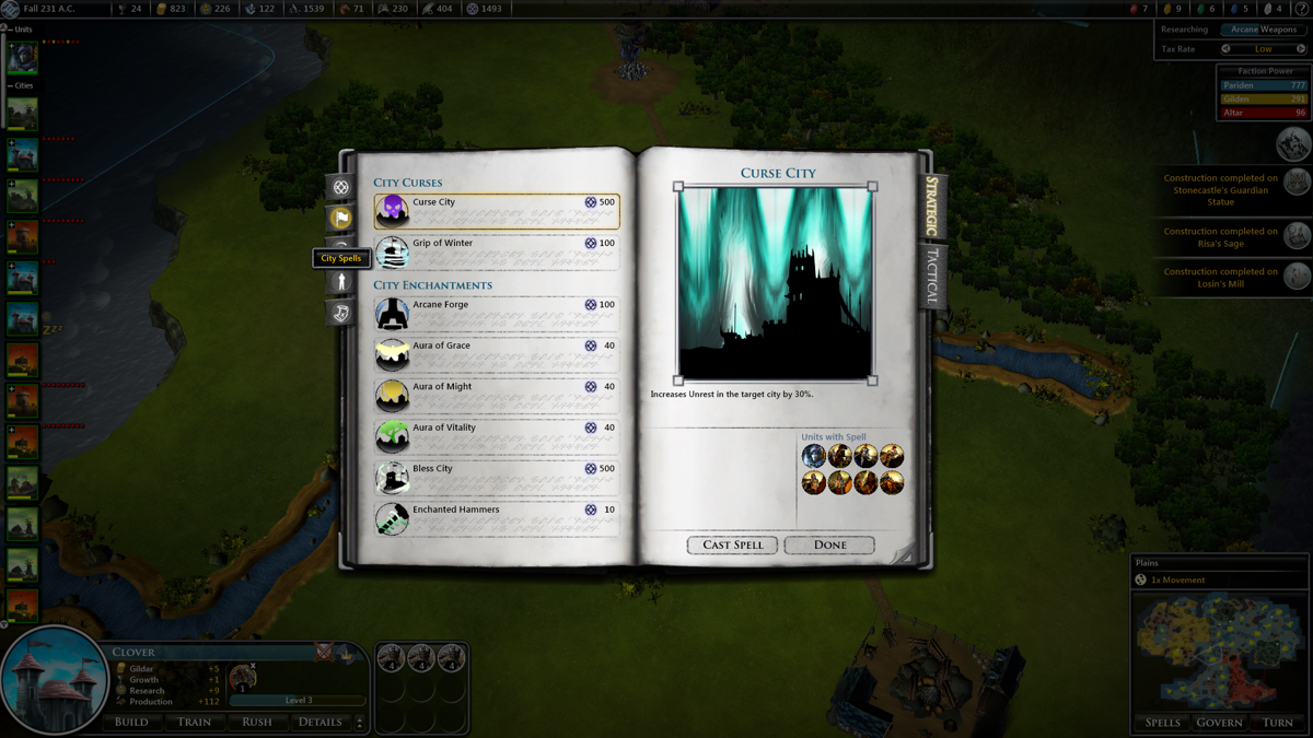 Fallen Enchantress (Windows) screenshot: Your heroes can cast overland spells on cities, units or other locations. These spells are also gained from the magical levels of the casting hero, but some can be researched in the tech tree.