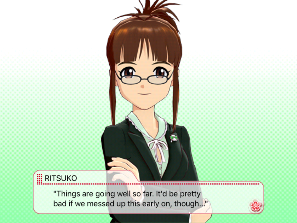 The iDOLM@STER: Shiny Festa - Harmonic Score (iPad) screenshot: Ritsuko gives her thoughts.