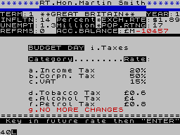 Great Britain Limited (ZX Spectrum) screenshot: Setting taxes