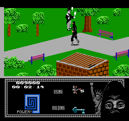 Last Ninja 2: Back with a Vengeance (NES) screenshot: Level 1, "The Park": The Joggler.<br> Any relation with this dangerous joggler and the Mexican <i>Calacas</i> I'm not sure if it's coincidental.