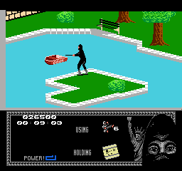 Last Ninja 2: Back with a Vengeance (NES) screenshot: Level 1, "The Park": The Boat.<br> (sounds of <i>Armakuni</i> trying really hard to reach the boat with his <i>Bō</i>)