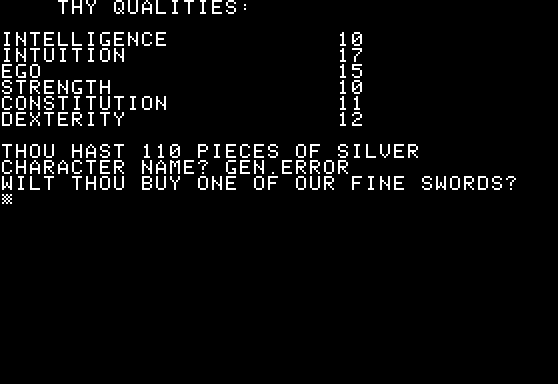 Dunjonquest: Temple of Apshai (Apple II) screenshot: Character generation