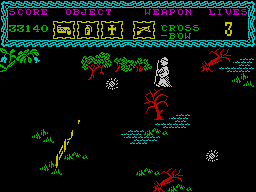 The Curse of Sherwood (ZX Spectrum) screenshot: Swamp spirits deadly and invulnerable.