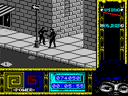 Ninja Remix (ZX Spectrum) screenshot: Level 2, "The Street": Trafficking.<br> - (speaking very quietly) Pst... come here! Chestnuts! Hazelnuts! Pinions! 2€ a gram...<br> - Get out of my sight , you...
