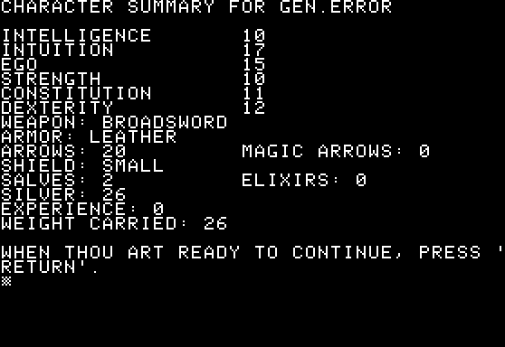 Dunjonquest: Temple of Apshai (Apple II) screenshot: Character overview.