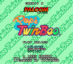 Pop'n Twinbee (SNES) screenshot: Title screen and main menu