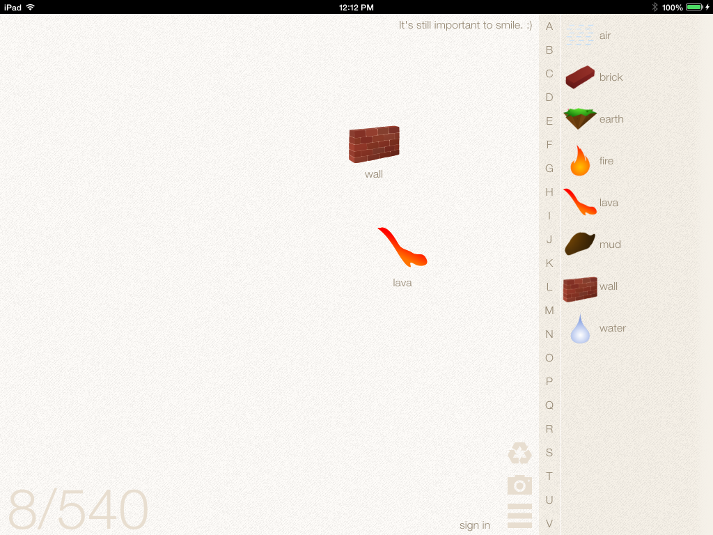 Little Alchemy (iPad) screenshot: I mixed earth and fire to make lava