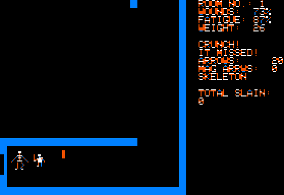 Dunjonquest: Temple of Apshai (Apple II) screenshot: Fighting a skeleton.