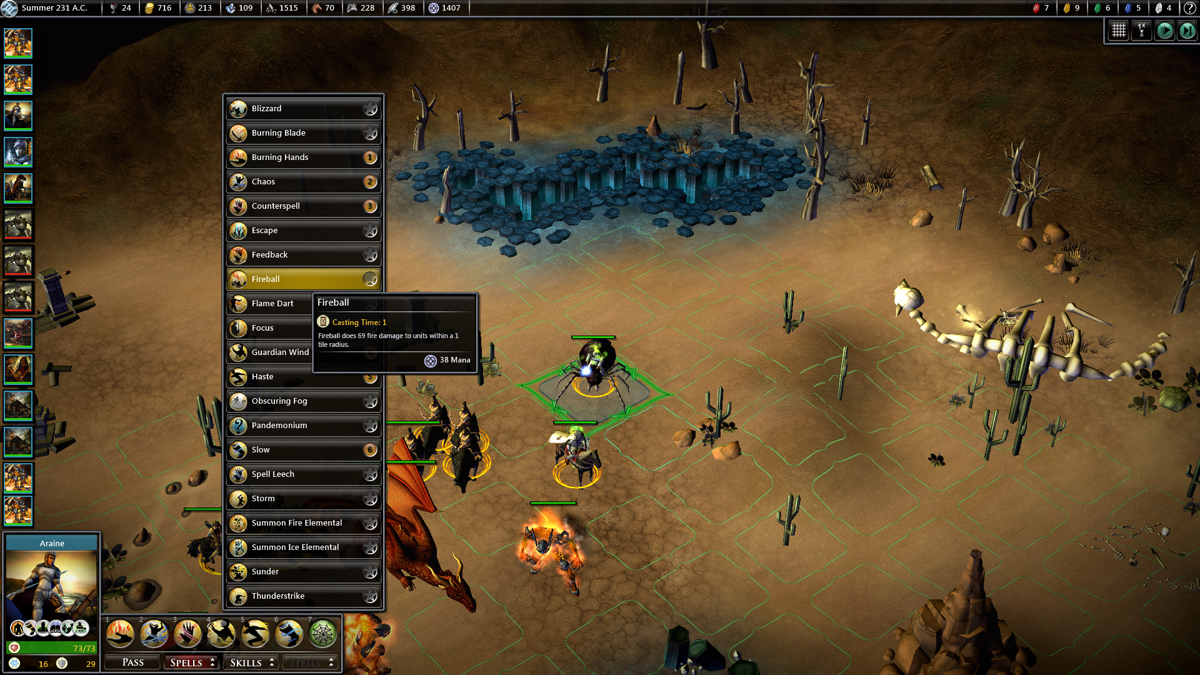 Fallen Enchantress (Windows) screenshot: Your heroes can cast many spells that they learn through leveling or acquire from quests or artifacts. Alternatively, warriors can use special abilities in battle.
