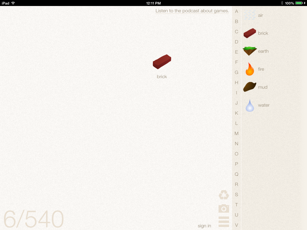 Little Alchemy (iPad) screenshot: I mixed mud and fire to make brick