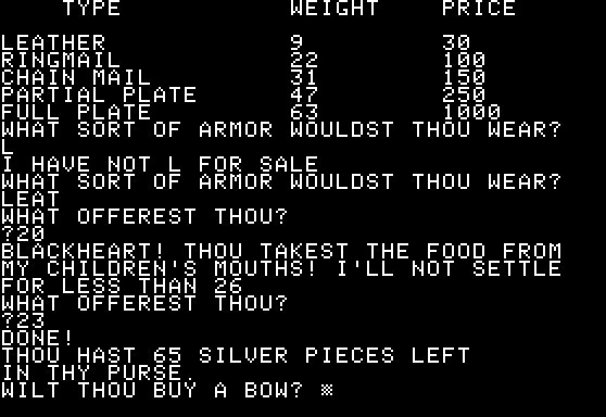 Dunjonquest: Temple of Apshai (Apple II) screenshot: ..., armor, ...