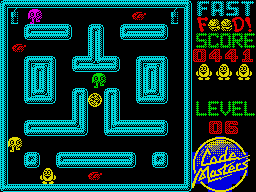 Fast Food (ZX Spectrum) screenshot: As the game progresses you face more enemies per maze