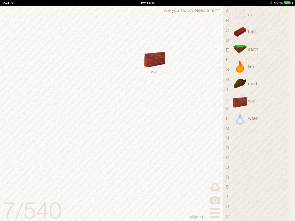 Little Alchemy (iPad) screenshot: I mixed brick and brick to make a wall