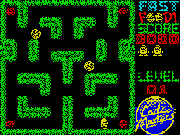 Fast Food (ZX Spectrum) screenshot: Collect the junk food which includes burgers and pizza
